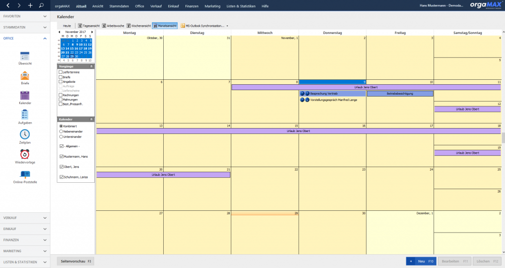 orgaMAX Kalender Monatsansicht