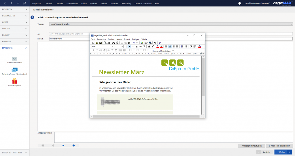 orgaMAX Marketing Newsletter Email gestalten