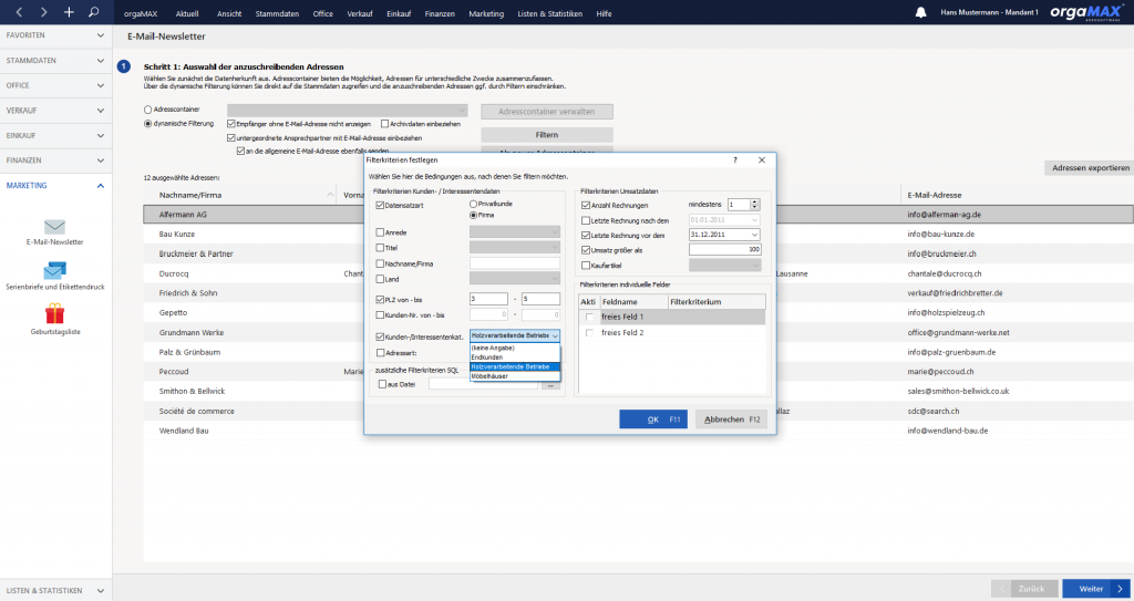 orgaMAX Marketing Newsletter filter festlegen