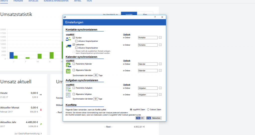 orgaMAX Outlook Sync Einstellungen