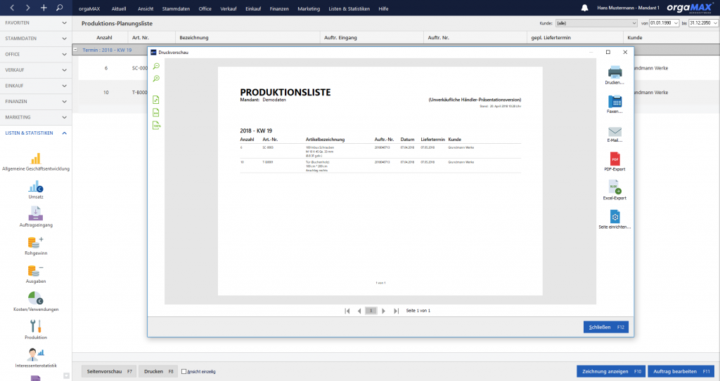 orgaMAX Produktion Produktionsliste